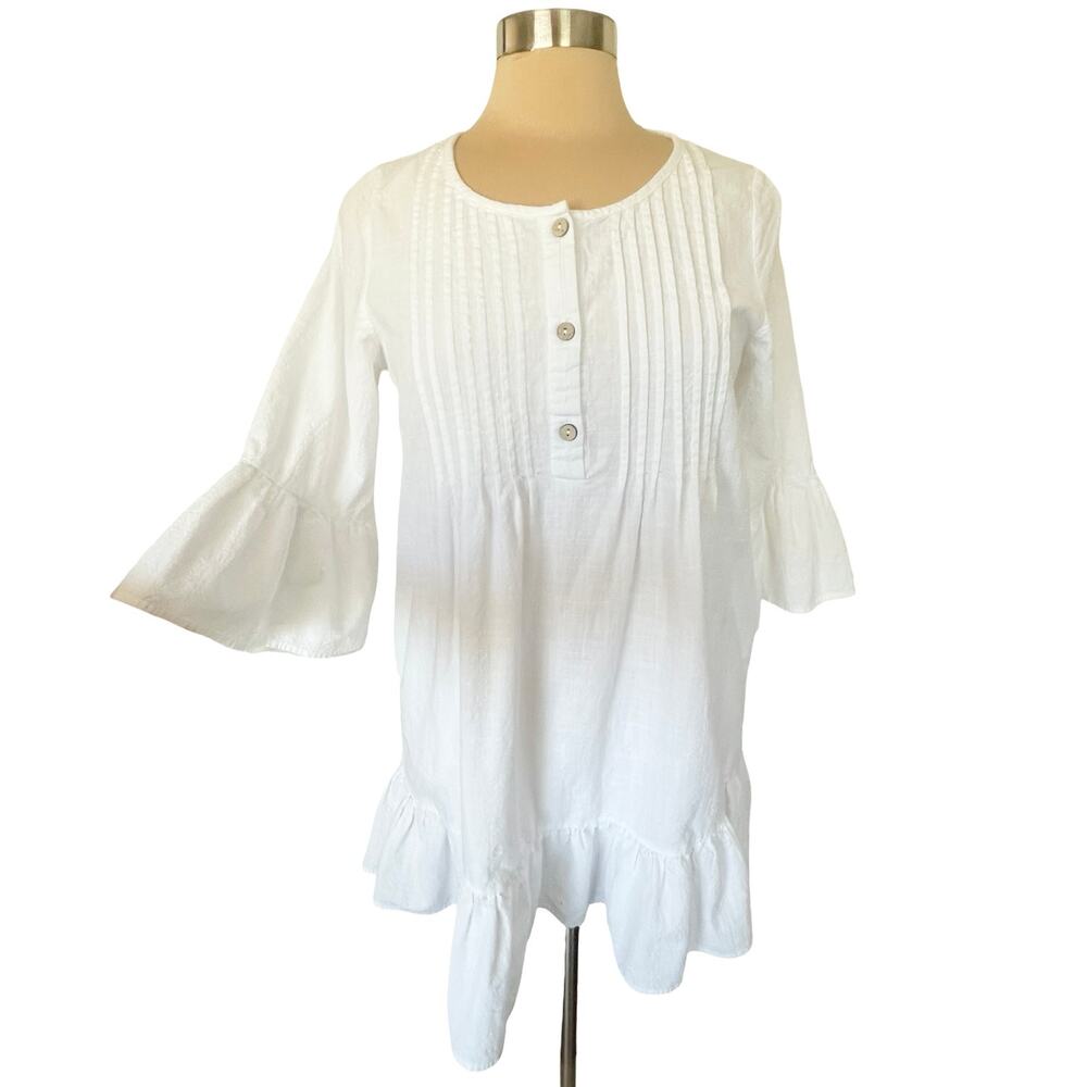 White Ruffle Hem Tunic Dress Cotton SMALL‎ Bell Sleeve Pleated Cottagecore Boho